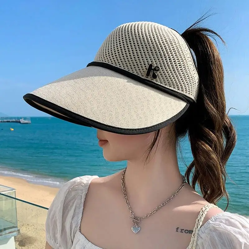 New Summer Straw Empty Top Sun Hat For Women Wide Large Brim Visors Hat Travel Sun Hat Women's Hat Beach UV Protection Caps