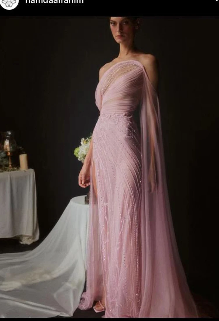 Hot Sale One Shoulder pink beaded long cape ساتين السهرة vestidos de fiesta  فساتين سهره evening dresses