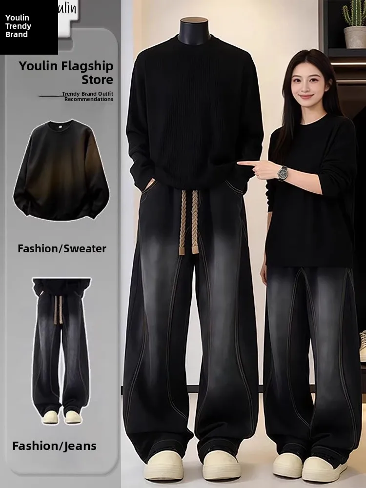 

Men's Straight Leg Workwear Pants Black Grey Slanted Cut Knife Jeans Spring Autumn Full Set Sweatshirt Matching Casual Style