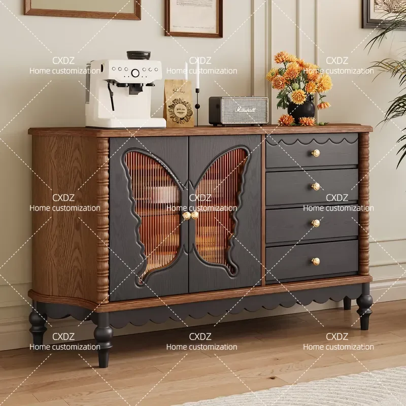 French Retro Dining Side Cabinet Medium Antique Solid Wood Storage Entrance Cabinet Advanced Color Matching Decorative