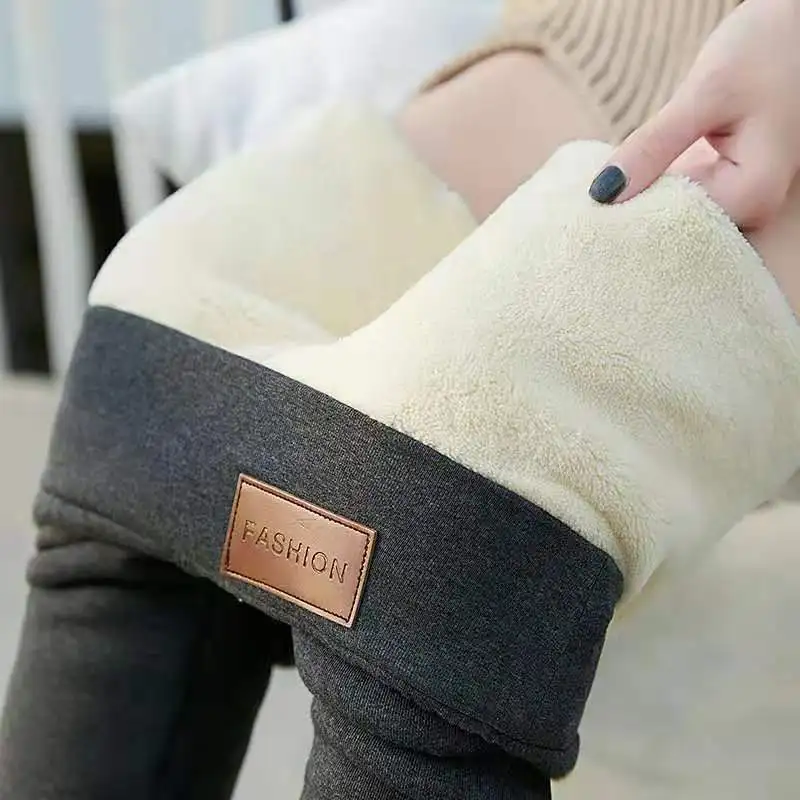 Leggings de felpa y piel de cordero engrosada para mujer, medias de cintura alta, pantalones cálidos de poliéster sólido, Otoño e Invierno