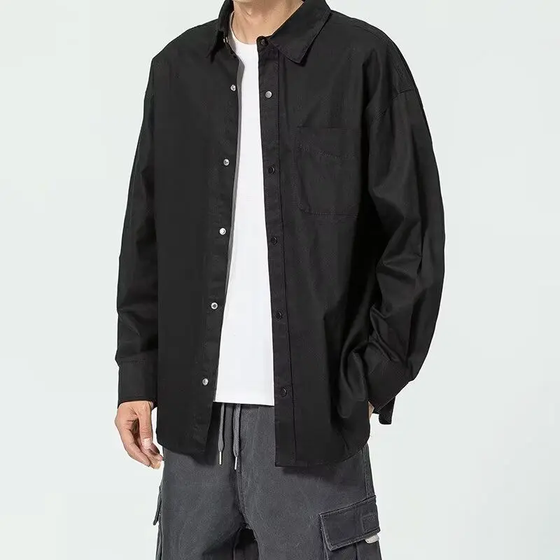 Japanese 2024 Spring and Autumn Men's New Splicing Square Collar Button Pocket Fashion Solid Color Loose Versatile Casual Shirts