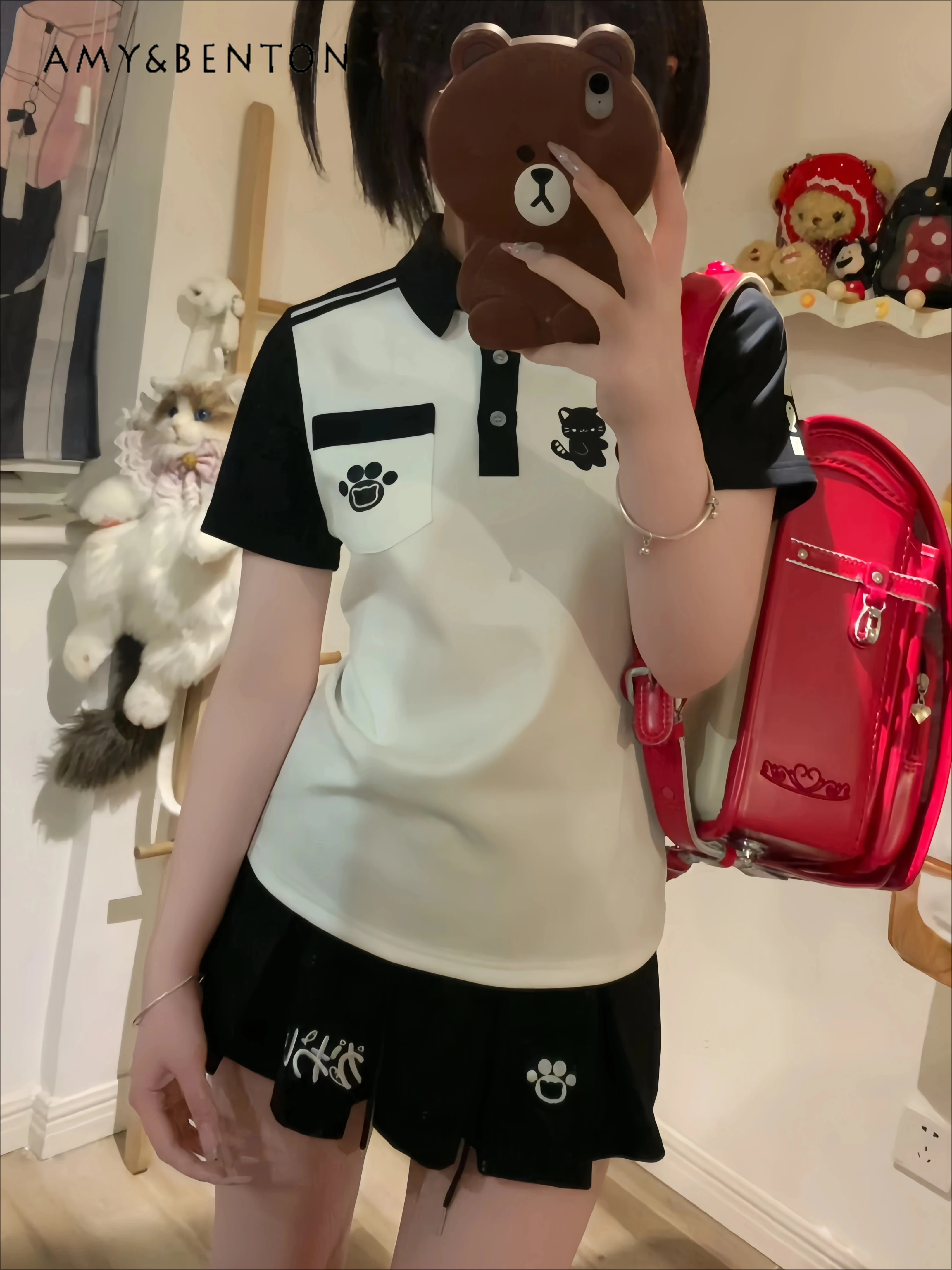 

Original Japanese Subculture Preppy Style Cartoon Printed Short Sleeve Top Pleated Skirt Two-piece Set Casual Sports Thin Suit