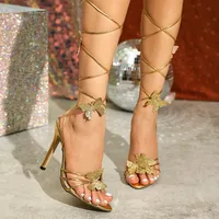 11.5cm/4.52inch Heel Elegant Designed Gold Woman Sandals Butterfly High Heels Cross-tied Straps Ladies Party Heels - Image 3