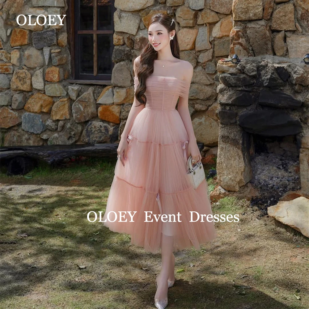 

OLOEY Modest Pink A Line Bridesmaid Dresses Soft Tulle Women Mid-calf Length Prom Gowns Customized Ribbon Bows Off Shoulder