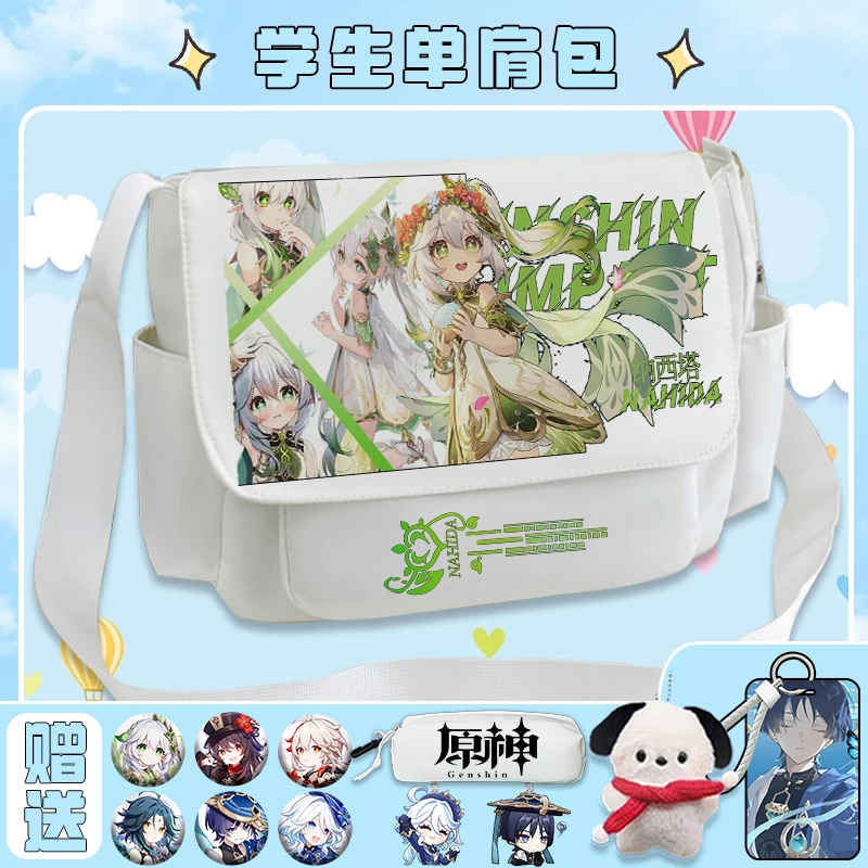 Genshin Impact Scaramouche Anime odznaka torba na ramię czarny biały Messenger kreskówka z przednim zamkiem błyskawicznym odznaki Crossbody