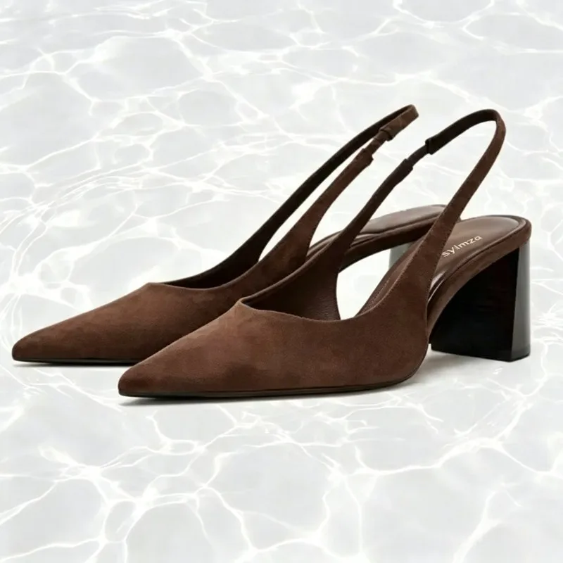 High Quality Faux Suede Slingback Pumps Women Retro Brown Pointed Toe Chunky Heel Design Sandals Elegant Commuter Office Shoes