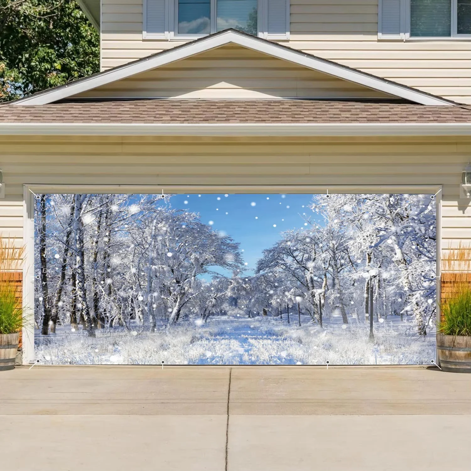 Winter Garage Door Backdrop Decor Banner Snow Forest Nature Scenery Family Party Courtyard Wall Hanging Photography Background