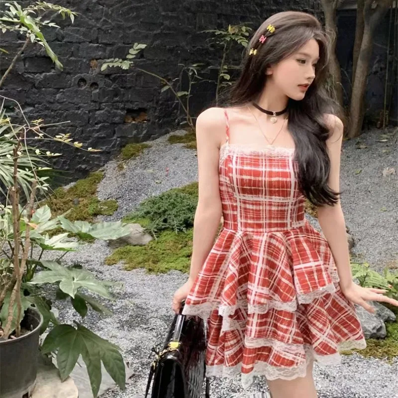 Dresses Women Plaid Lace Hotsweet All-match Holiday Creativity Basics Leisure Tender Korean Style Ladies Vintage Comfort Summer