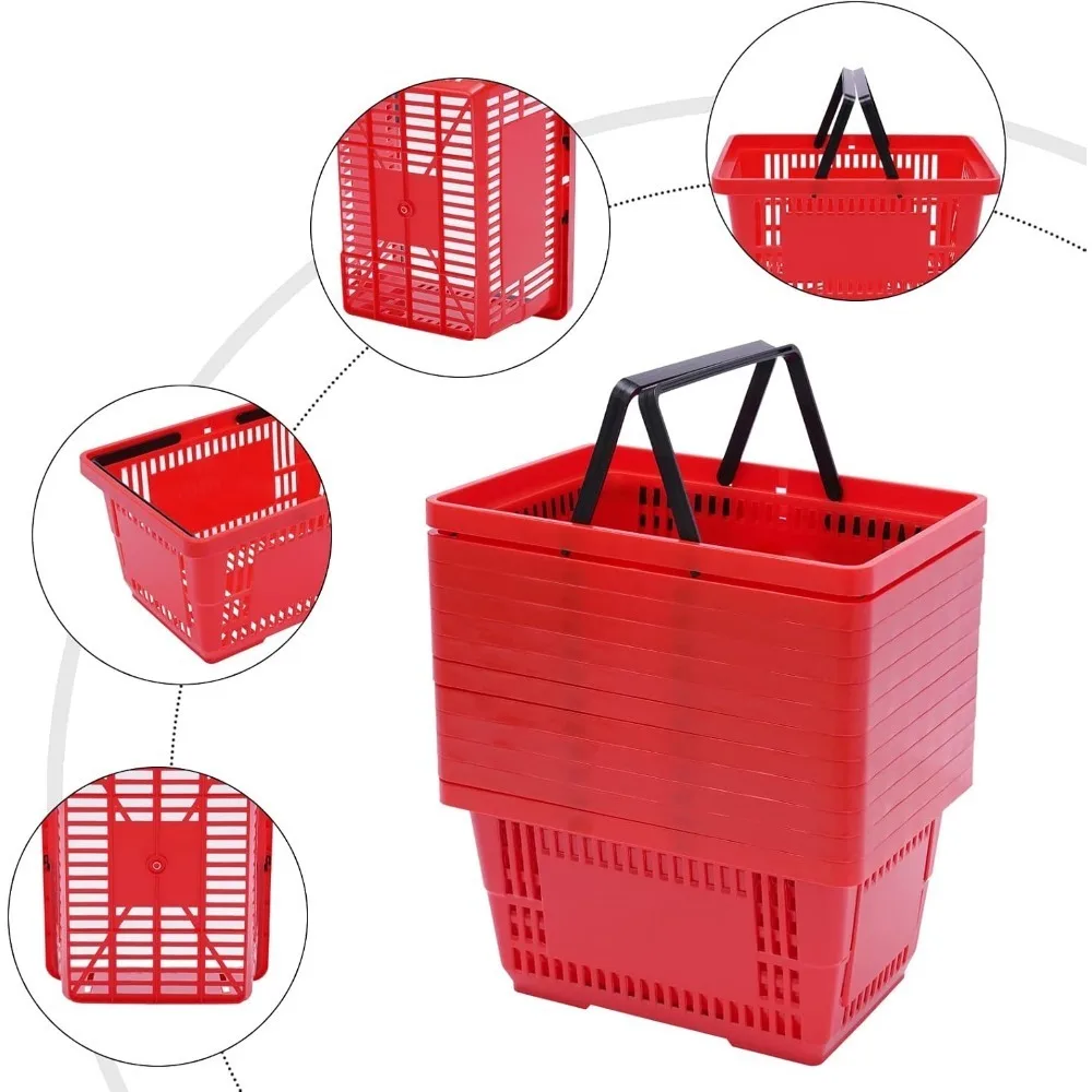 12 cestini per la spesa in plastica rossa con manici cestini per la spesa portatili 21 litri set di cestini per la spesa a mano per negozi supermercati