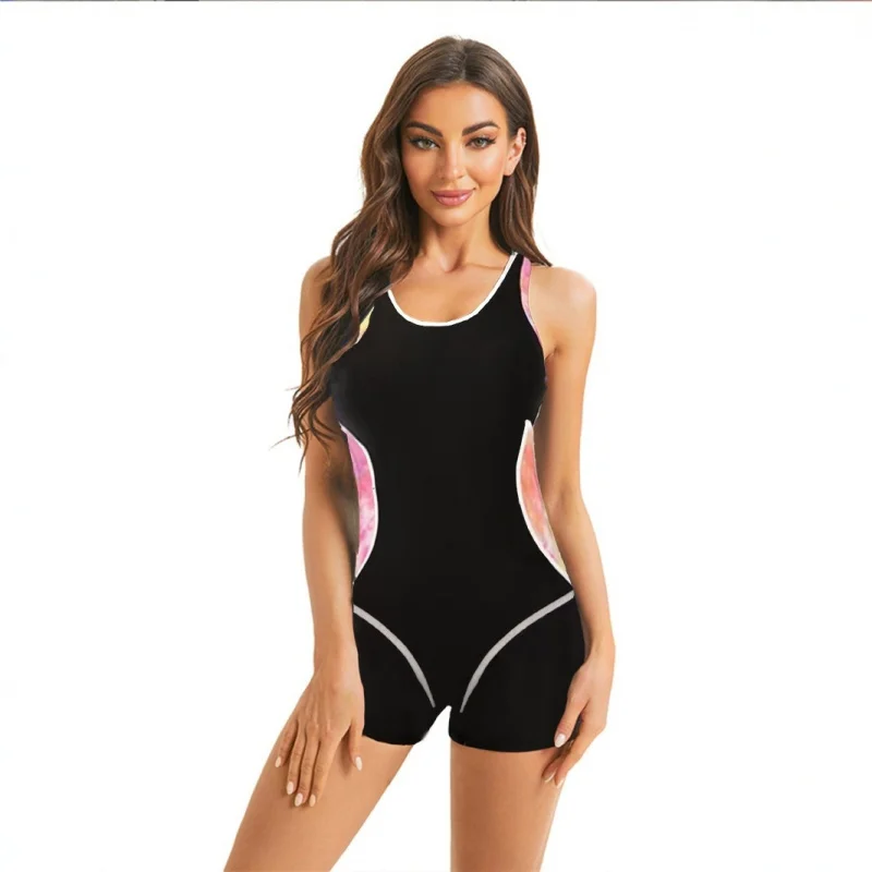 Women Boyleg One Piece Swimsuit Color Block Athletic Bathing Suit Racerback Modest Training Swimwear