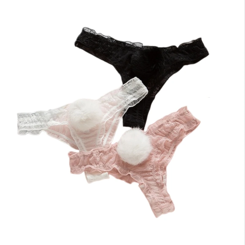 Super Cute Women's G-String Thong with Removable Hair Ball Transparent Lace T-Pants Sensual Mesh Yarn Lingerie for Ladies