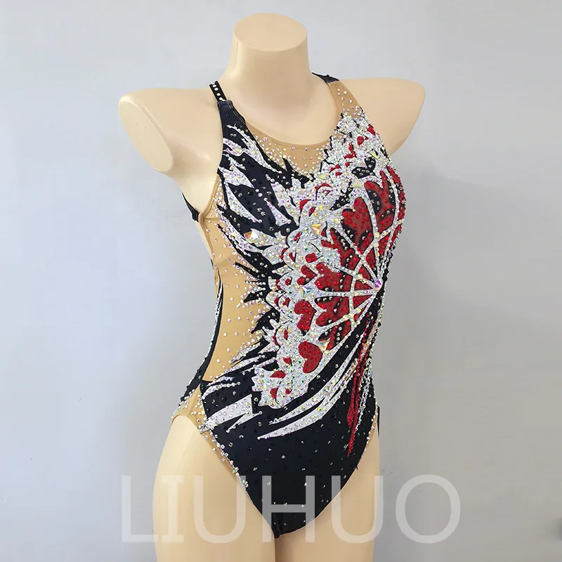 LIUHUO Leotards Girls Synchronized Swimming Suits Handmade Team Sports Competition Teamwear Black