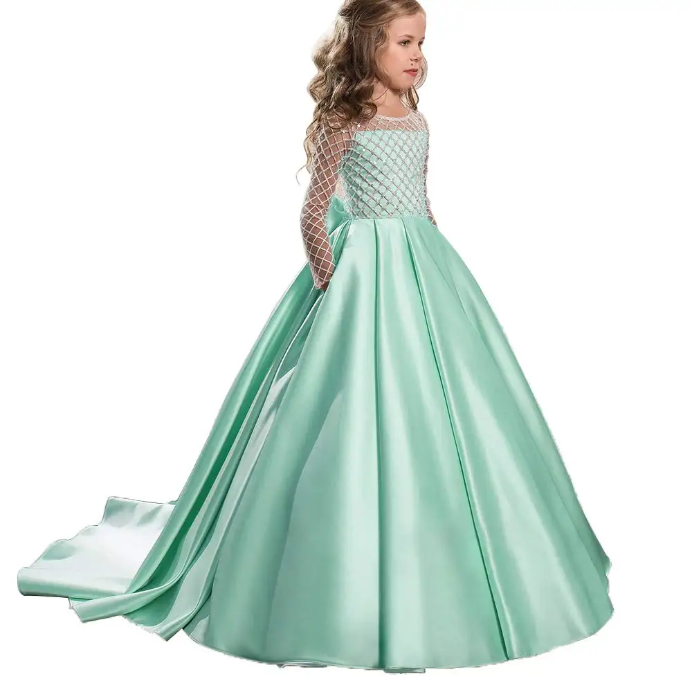 

Elegant Christmas Flower Girl Dress Floor Length Button Draped Tulle Ball Gowns for Kids Birthday Gift First Communion Gowns