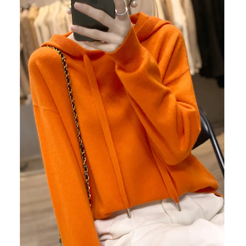 Autumn Winter Hooded Cashmere Sweater Female Pullover Loose 100% Pure Wool Hoodie Languid Lazy Wind Knitting Base Hoodie