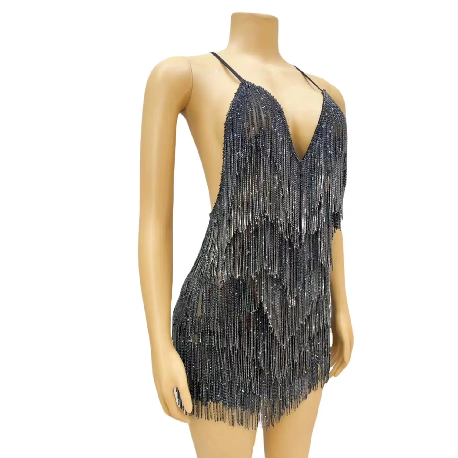 Women Sparkly Rhinestone Tassel Dance Dress Birthday Prom Evening Dress Ladies Latin Dance Team Mini Dress Night Party Outfit