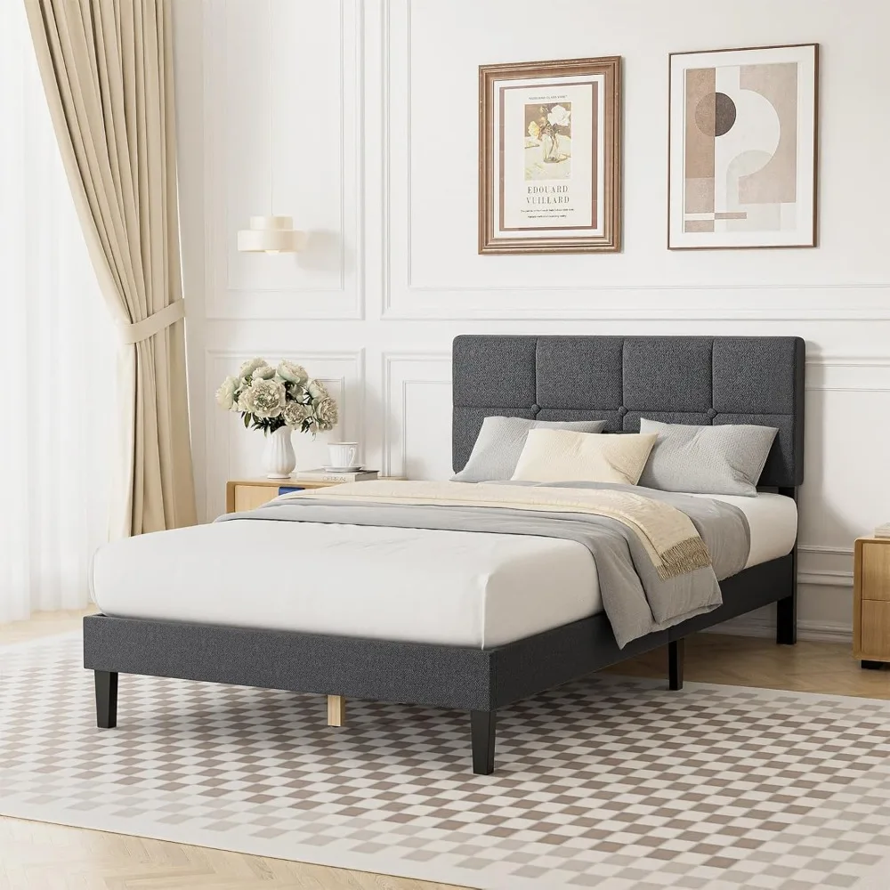 

Sweetcrispy Twin Size Wood Bed Frame - Linen Upholstered Platform Bed with Headboard, No Box Spring Needed with 800LBS Sturdy Wo