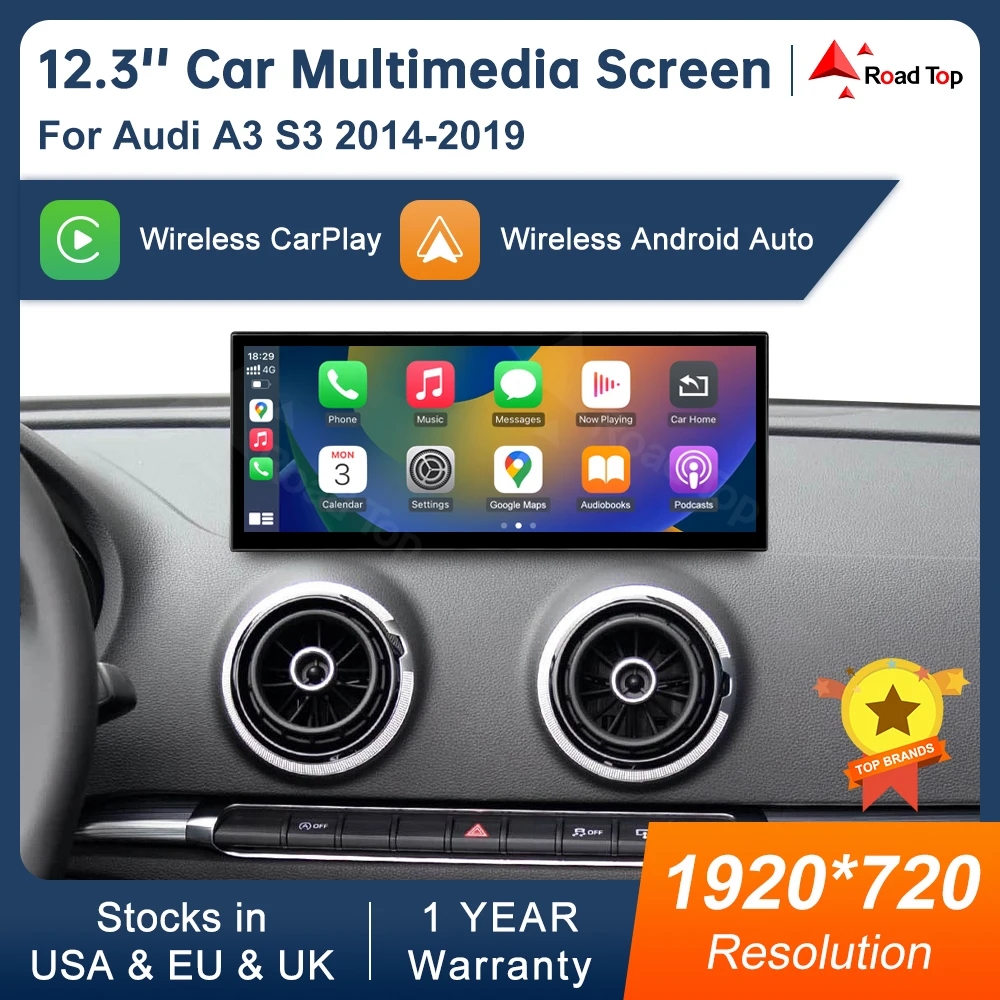 شاشة 12.3 بوصة تعمل باللمس شاشة الوسائط المتعددة لأودي A3 2014-2019 Airplay Miracast وظيفة لاسلكية Carplay أندرويد السيارات