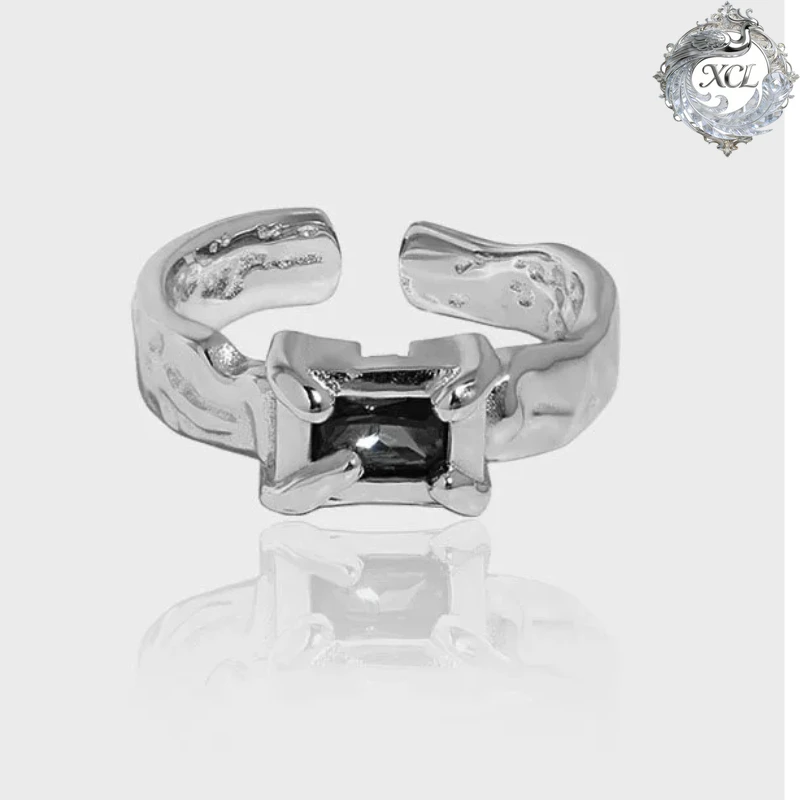 

XCL S925 Sterling Silver Micropaved Square Zircon Open Ring Adjustable Textured Luxury High Quality Jewelry Gift for Women Party