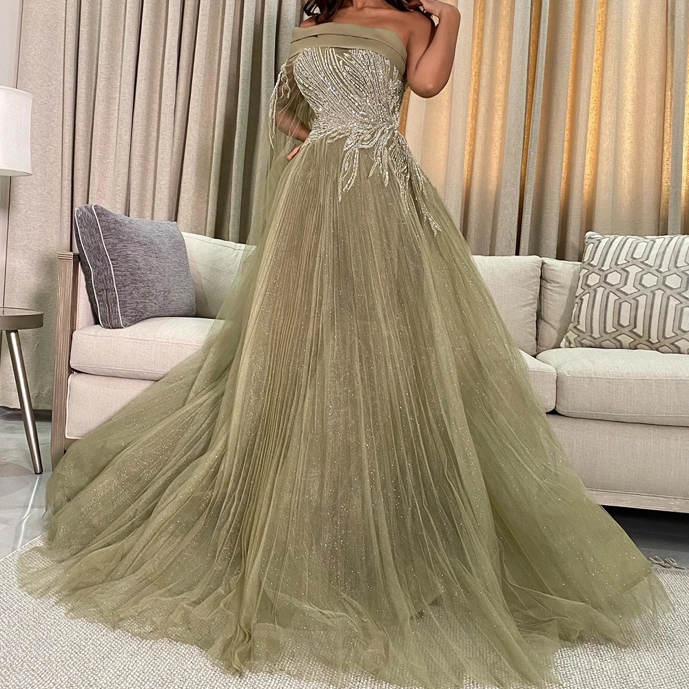 

Customized Exquisite Off the Shoulder Watteau Train Appliques Crystal Evening Dresses Graceful A-Line Organza Green Party Gowns