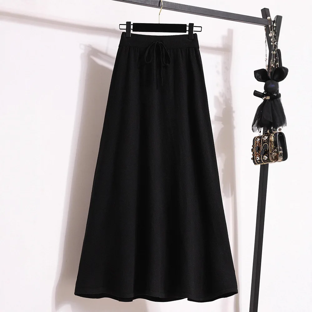 Elegant Brand Autumn Winter Pleated Long Skirts Women Knitwear Knitted Midi Skirt