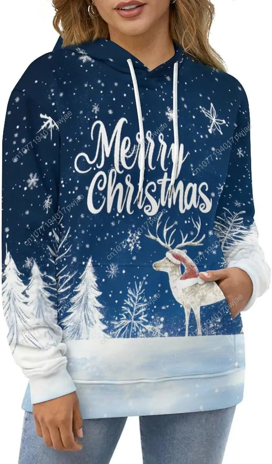 هوديس عيد الميلاد للجنسين بلوفرات بغطاء للرأس برسومات واقعية مع جيوب