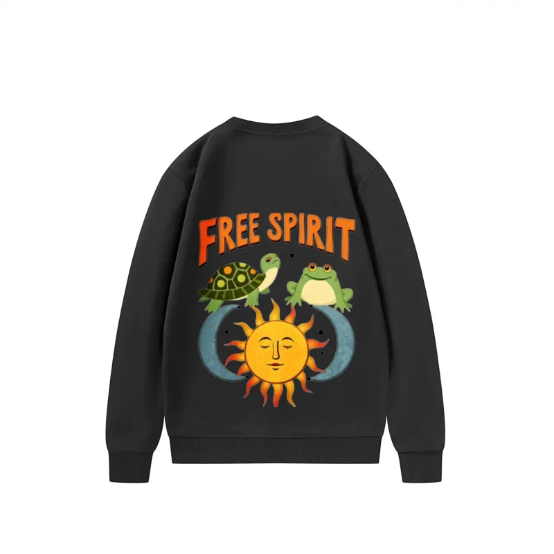 Men's Sweatshirt Black Free Spirit Turtle Frog Sun Graphic Print for Casual Wear
