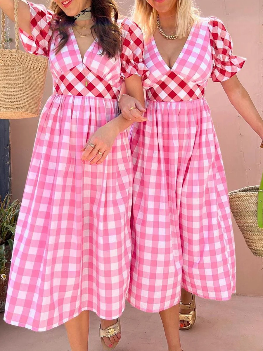 Chic Gingham Boho Short Puff Sleeve Maxi Dress Women Summer Plaid Print V Neck Dress Smocked Ruffle Flowy Beach A line Sundress