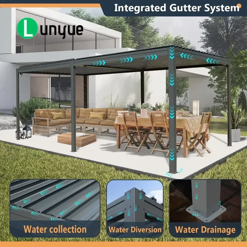 300x600cm Grey Aluminum Pergola Blinds Outdoor Rainproof Canopy with Adjustable Steel Roof for Garden Patio Waterproof Shade