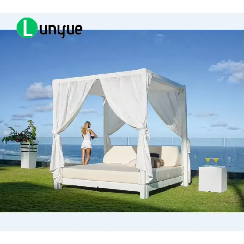 Luxury Outdoor Rattan Sofa Bed with Waterproof Canopy Curtains Lounge Chair for Patio Garden Poolside Relaxation Durable