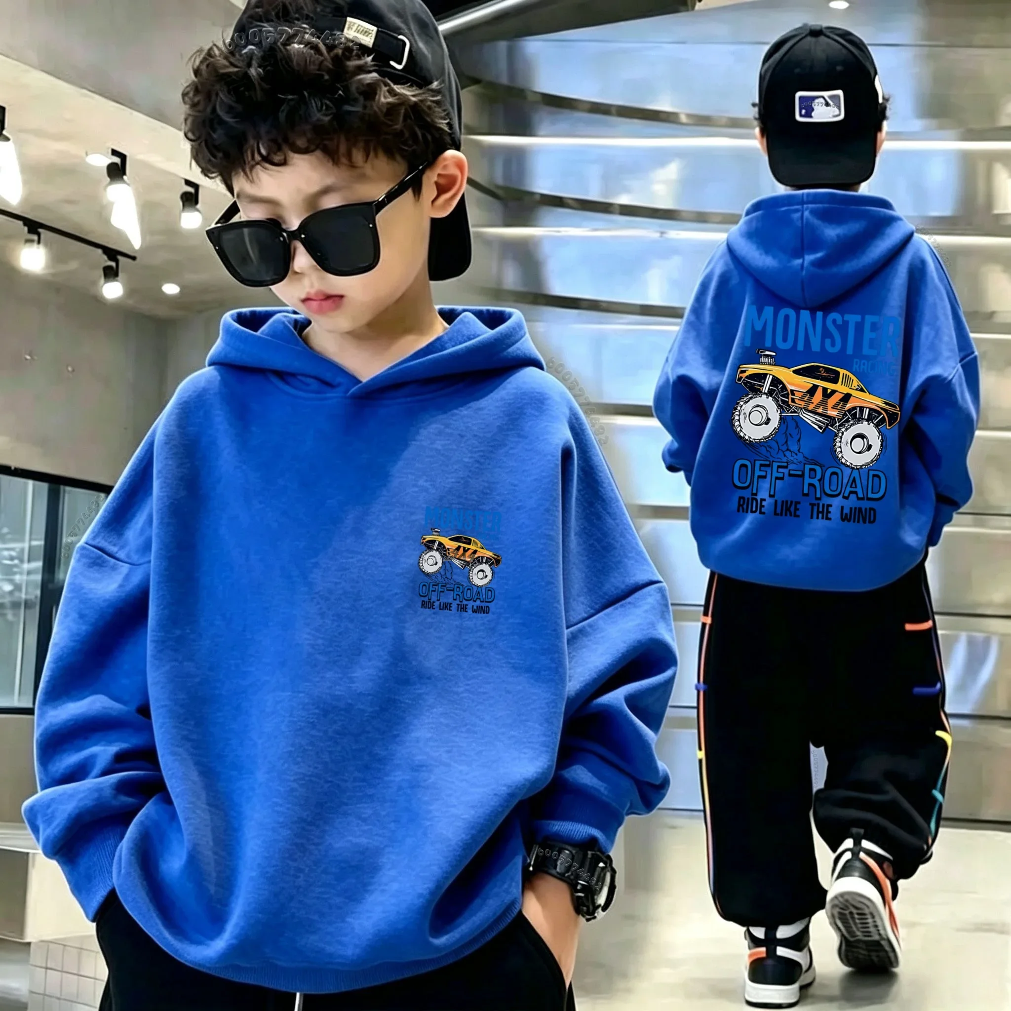 Retro-style children's hoodie featuring a double-sided off-road racing print design. Unisex style.