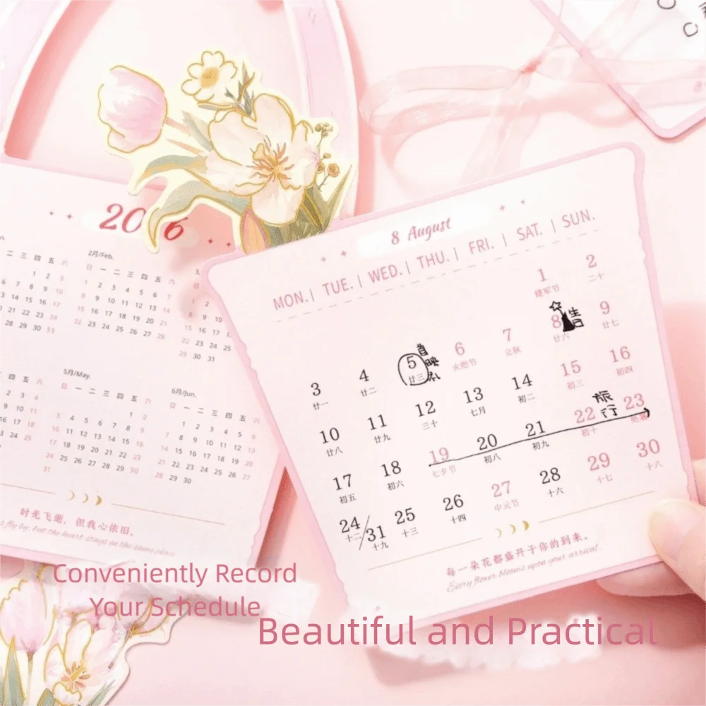Rilegatura a spirale Fiore fiorito Calendario da tavolo in legno Cartone animato portatile 2026 Calendario da tavolo Pianificatore mensile Mini calendario in piedi