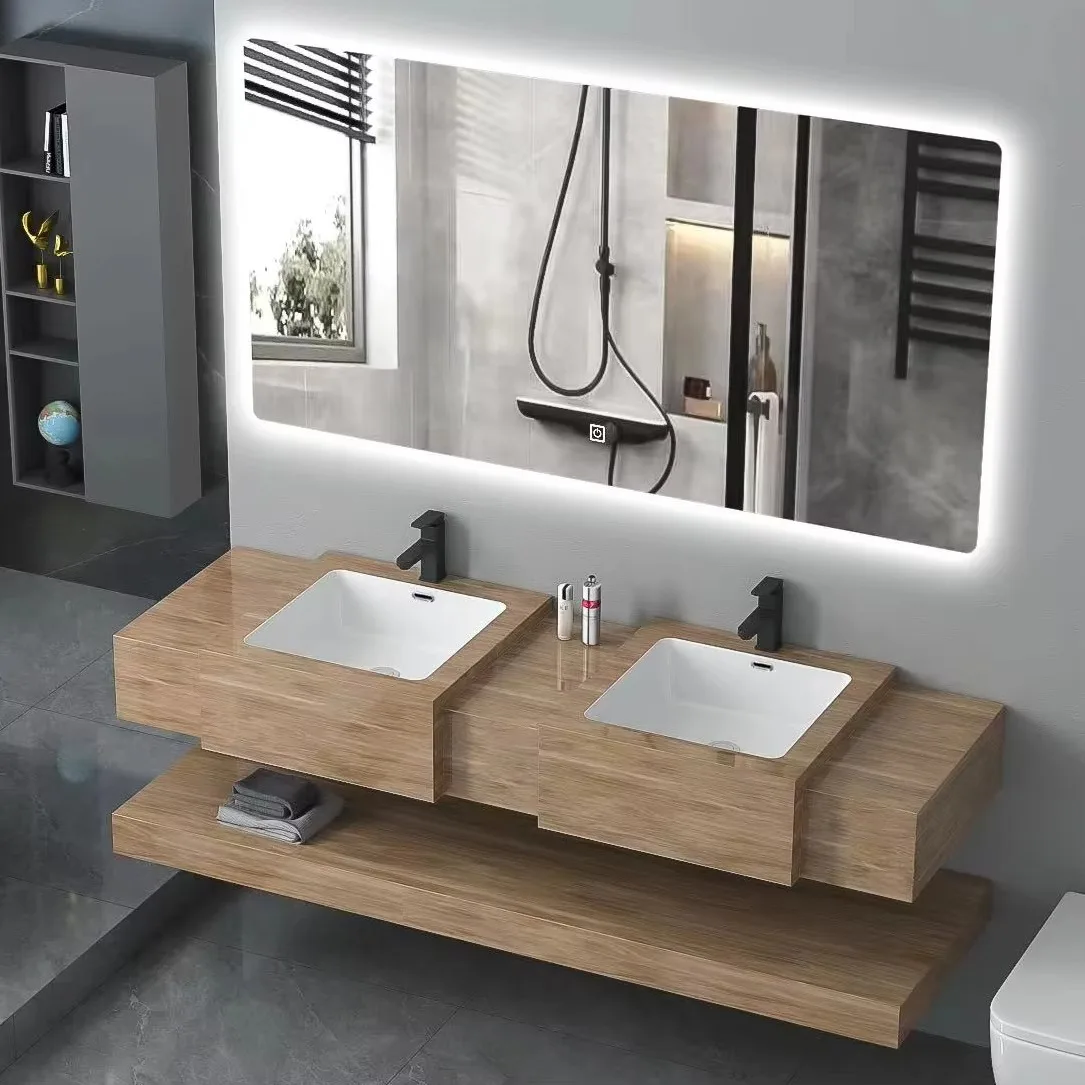 @#Modern Luxury Double Sink Hotel Bathroom Wall Cabinet LED Touch Illuminate Mirror Marble Countertops Waterproof Storage