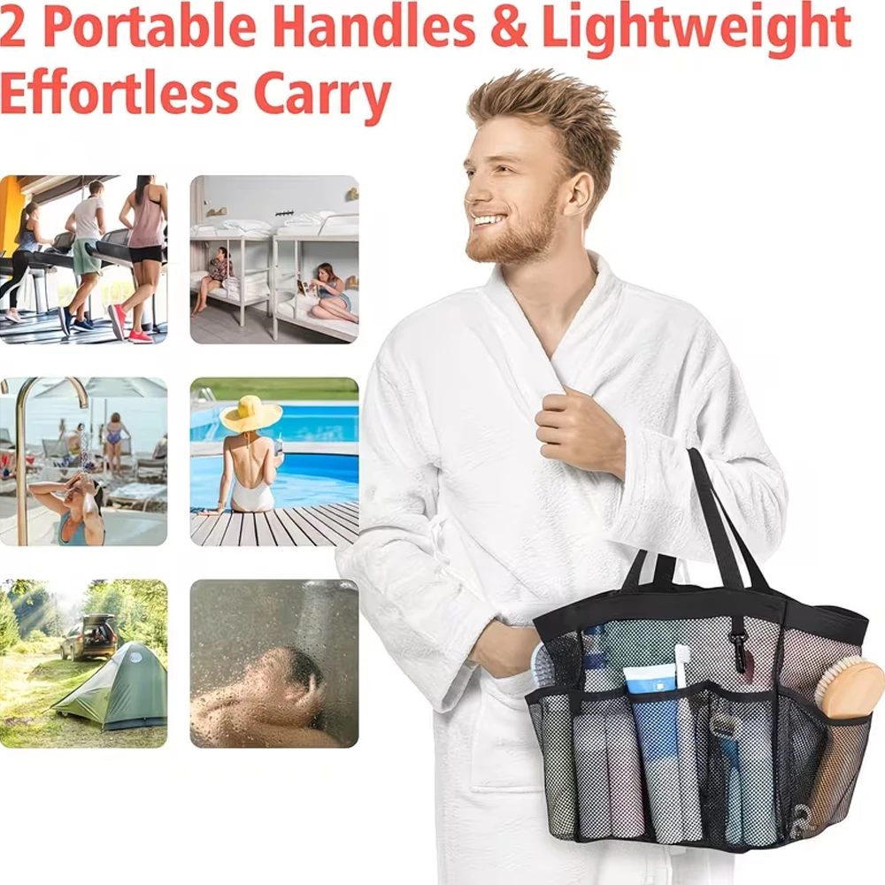 1 Stück tragbare Mesh-Duschablage, geeignet für universitärische Wohnheim-Essentials, 8-Fächer-Duschtasche mit großem Fassungsvermögen, schnell trocknende Hängeaufbewahrungstasche, mit S-förmigem Haken, geeignet für Badezimmer, Fitnessstudio, Camping, Reisen, Kreuzfahrten, Strand – Detail 5