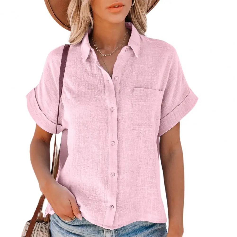 Camisa de algodão de linho de fenda lateral feminina, blusa solta, textura fina, monocromática, camisa de lazer feminina, moda praia de férias, novo, verão