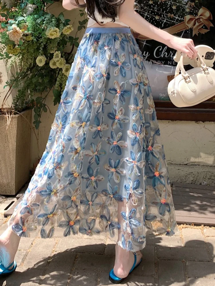 Women's summer new French style heavy industry high-Waist color-blocking floral embroidery sequin mesh umbrella skirt