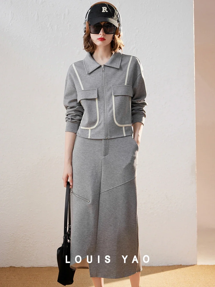 LOUIS YAO Women Dress Set 2024 Spring Two Pieces Set Polo Neck Long Sleeve Vent Skirt Loose Fashionable Women Set