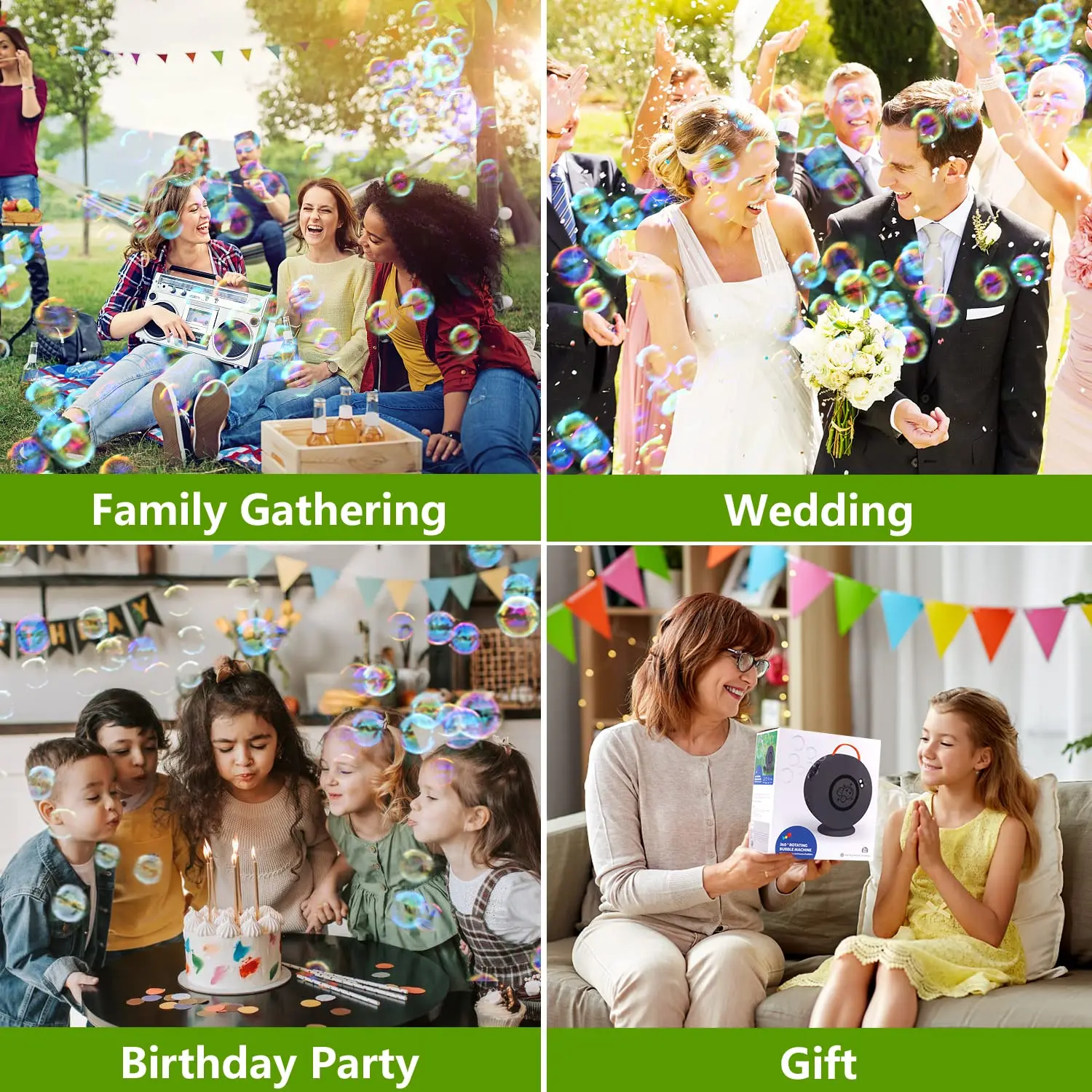 เครื่องเป่าฟองอัตโนมัติแบบชาร์จไฟได้ 360 °   เครื่องทำฟองสบู่แบบพกพาแบบหมุนได้ของเล่นสนุกสำหรับงานแต่งงานกลางแจ้งและงานปาร์ตี้