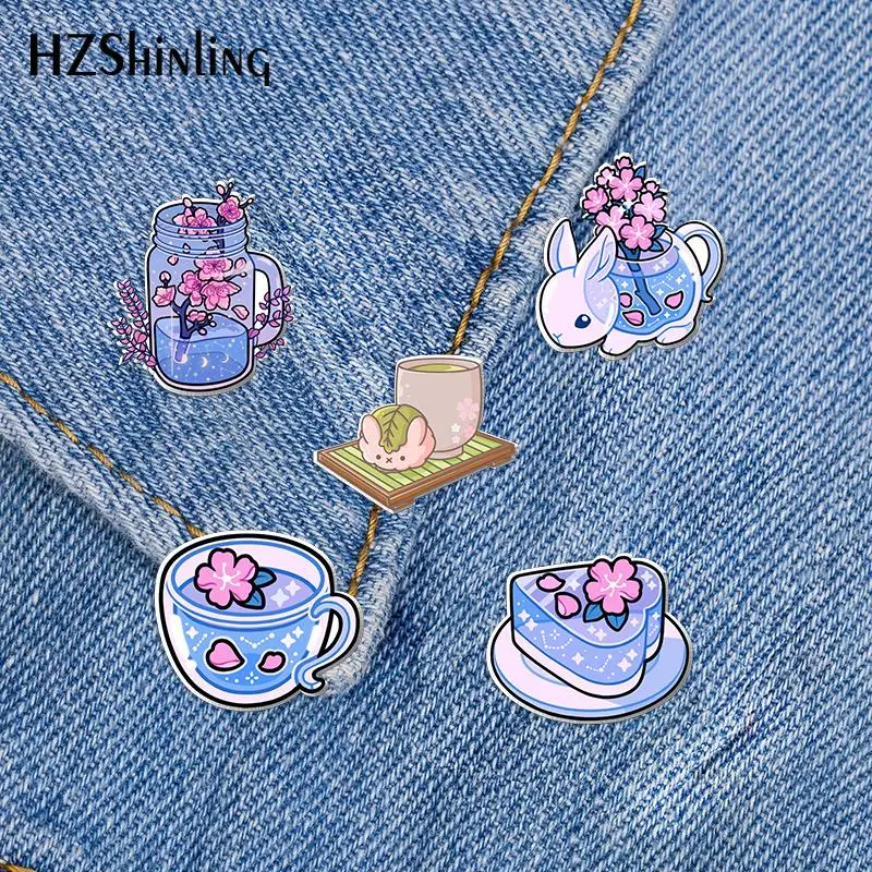 2023 New Sakura Teacup Acrylic Lapel Pin Flower Tea Time Epoxy Butterfly Clasp Pin Handmade Butterfly Brooch