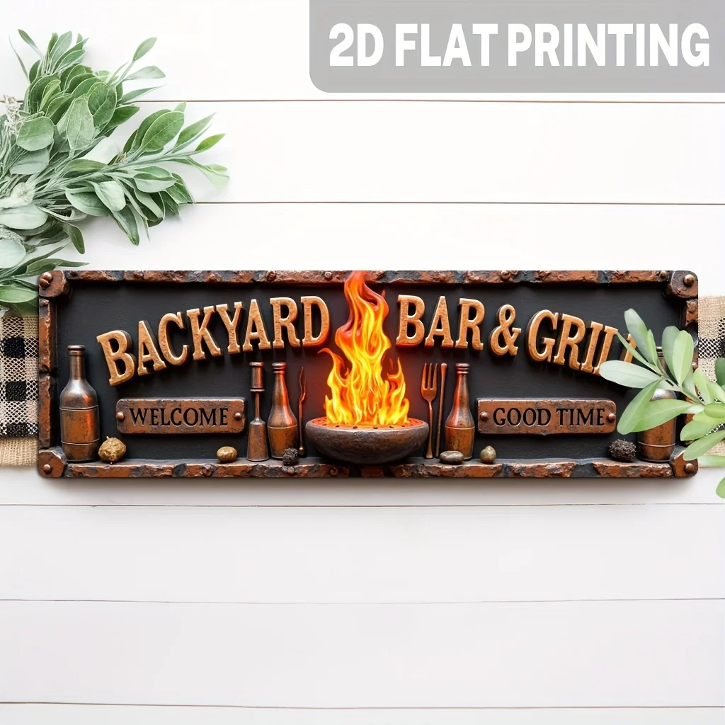 2D Flat, 1pc Rustic Backyard Bar & Grill Aluminum Wall Sign - Vintage Recycled Metal Decor with 