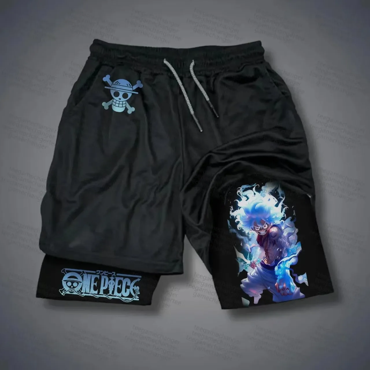 Men's Summer One-Piece Fitness Shorts with One Piece Anime One Piece Design, Sports Casual Double-Layer Trendy Workout Wear