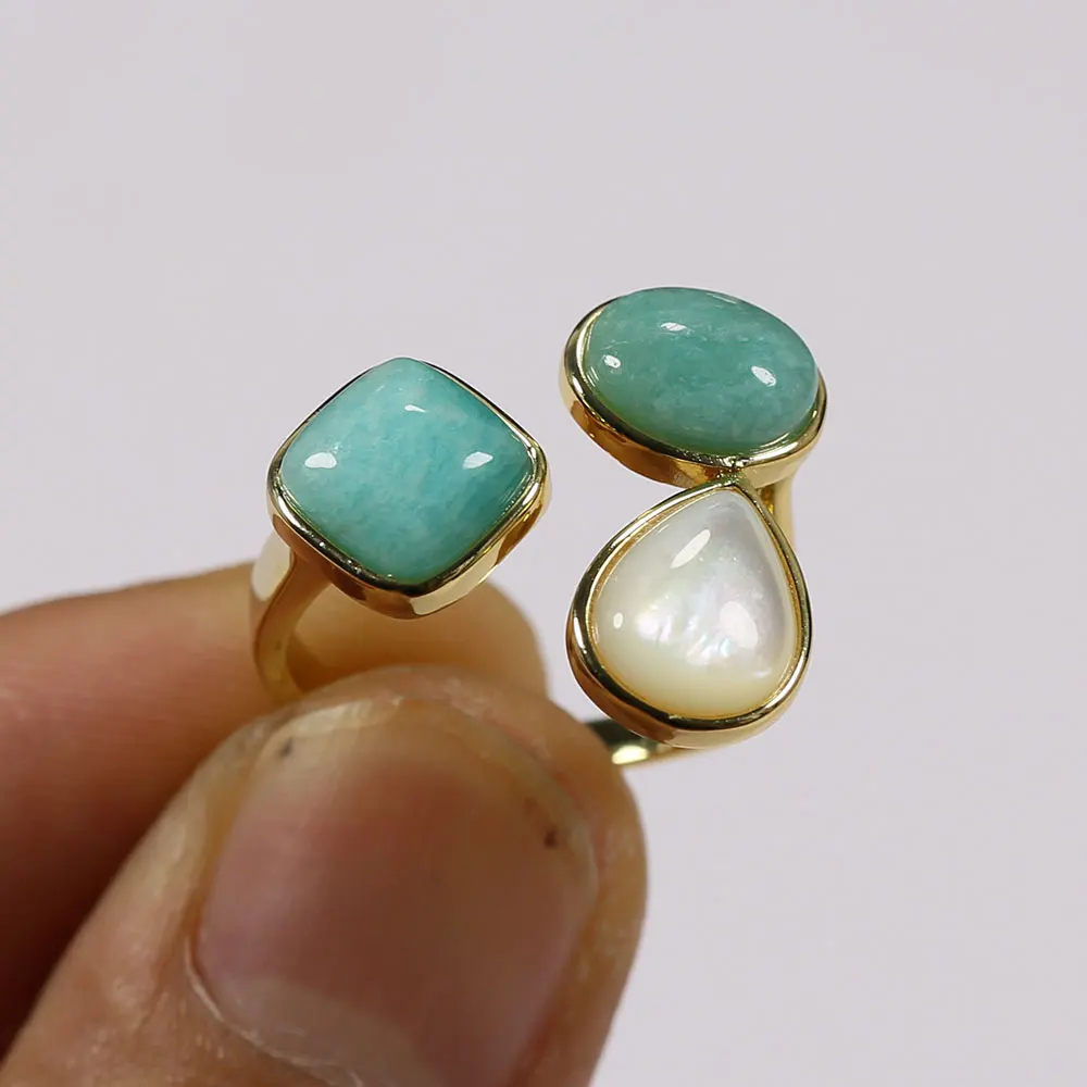 G-G Real Gems Blue Peruvian Amazonite Teardrop White Shell Pearl Ring Electroplated Rings Adjustable Simple Rings image 3