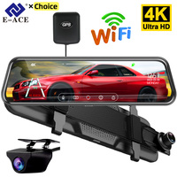 E-ACE Car DVR GPS WIFI 10 Inch Touch 4K 1080P   Dash Cam Room Mirror DVR Video Recorder Registrator Black Box RearView Camera