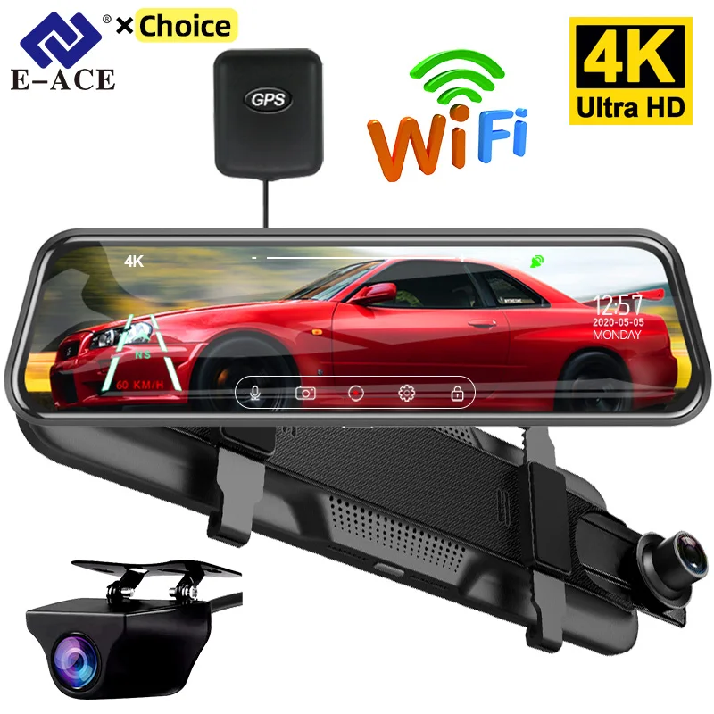 E-ACE 자동차 DVR 비디오 녹음기 등록기 블랙박스 백미러 카메라, GPS 와이파이, 10 인치 터치, 4K 1080P 대시 캠 