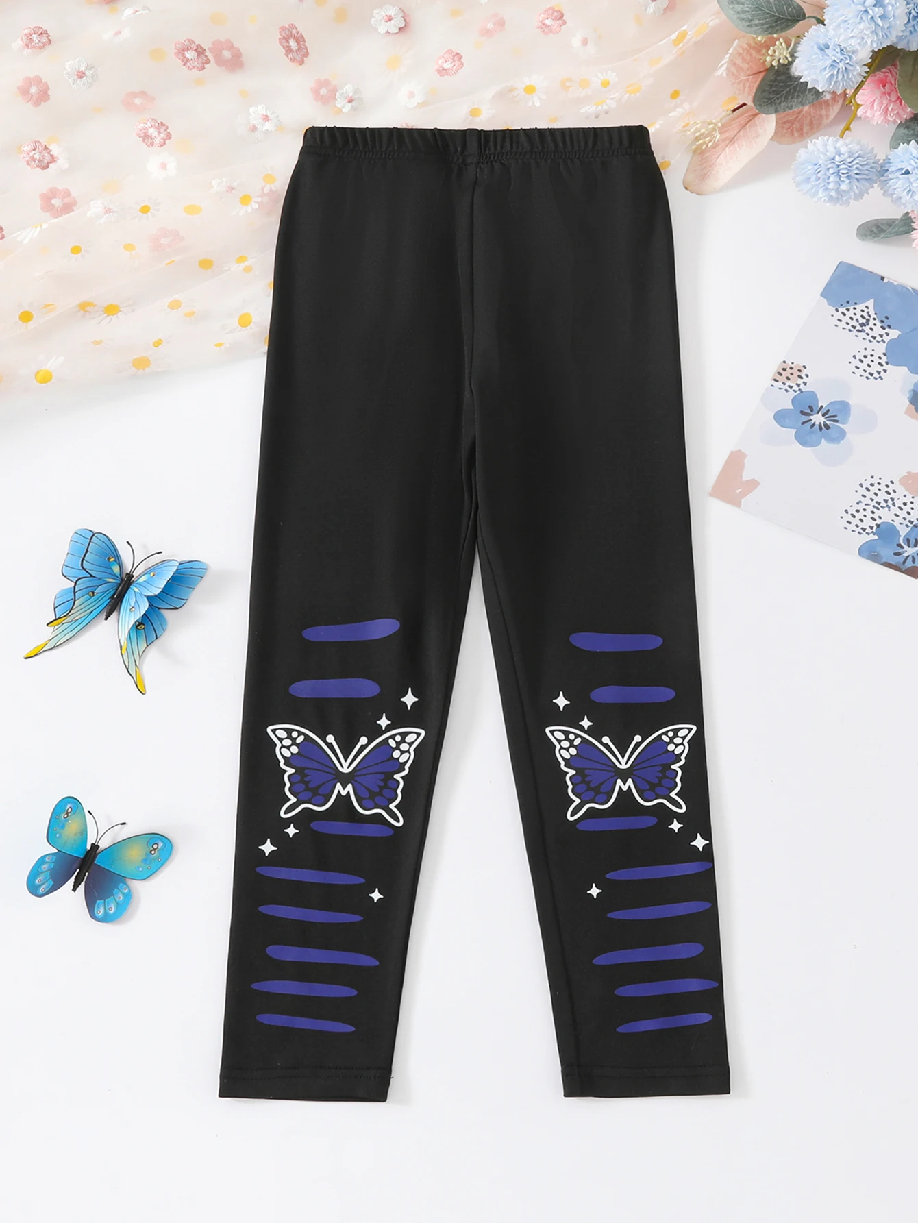 Girls' Leggings Cartoon Butterfly Stripesd Print Casual Japanese and Korean Style Simple and Comfortable Pants Leggings Suitable for All Seasons