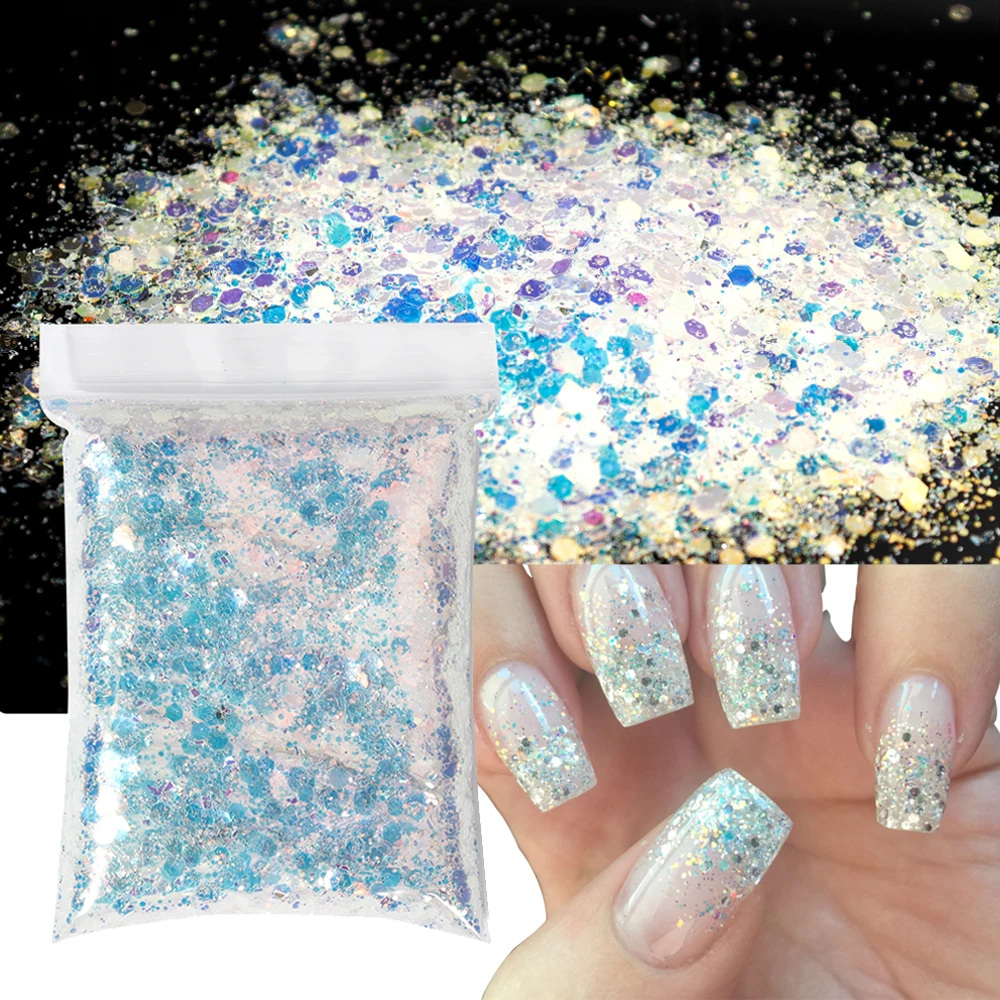 

50g/Bag Holographic Glitter Nail Sequins Iridescent Pigment Chunky Glitter DIY Sparkle Gel Polish Flake Manicures Bulk Paillette