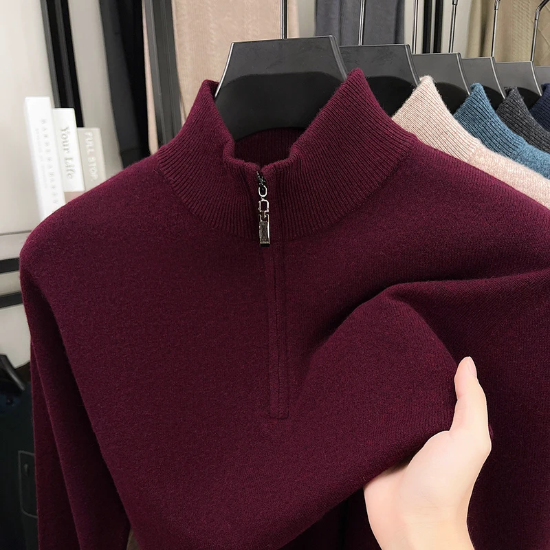 

High-End Luxury Man Long Sleeves Knitwear 100%wool Half-Zip Mock Neck Solid Color Korean-Style Youth Vitality Pullover Men'swear