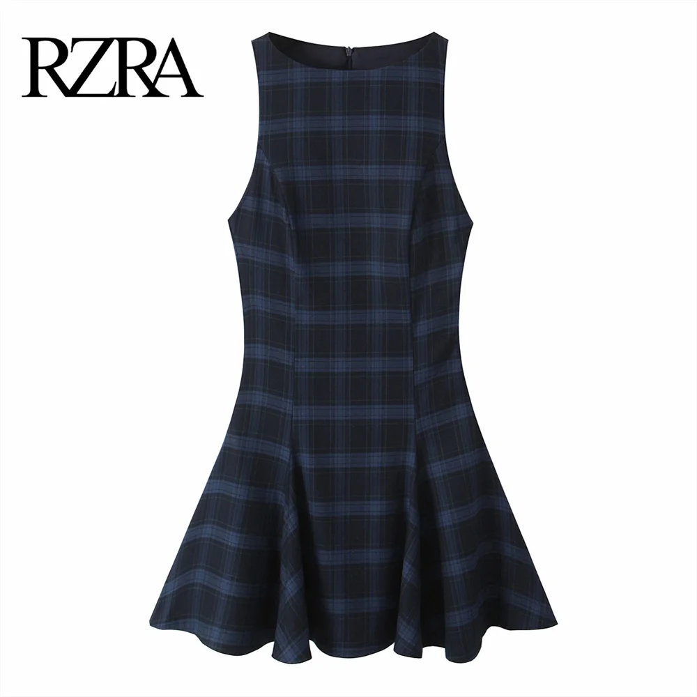 RZRA 2024 casual all-match round neck sleeveless temperament plaid dress A-line short skirt winter new women's clothing