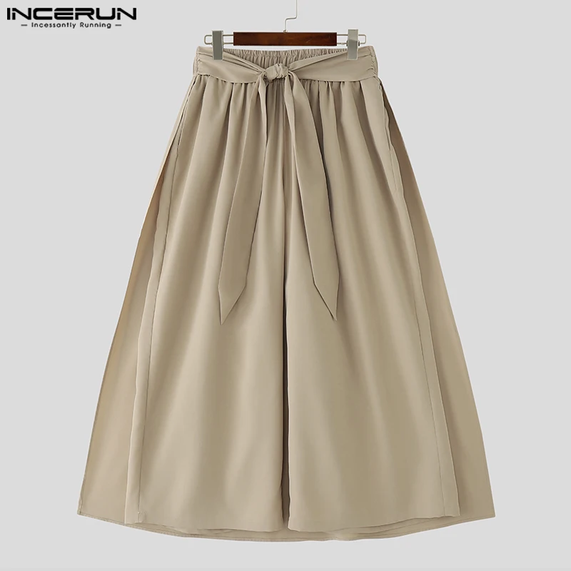 Incerun calças masculinas cor sólida rendas até corredores soltos casuais calças de perna larga homens 2025 cintura elástica calças plissadas streetwear