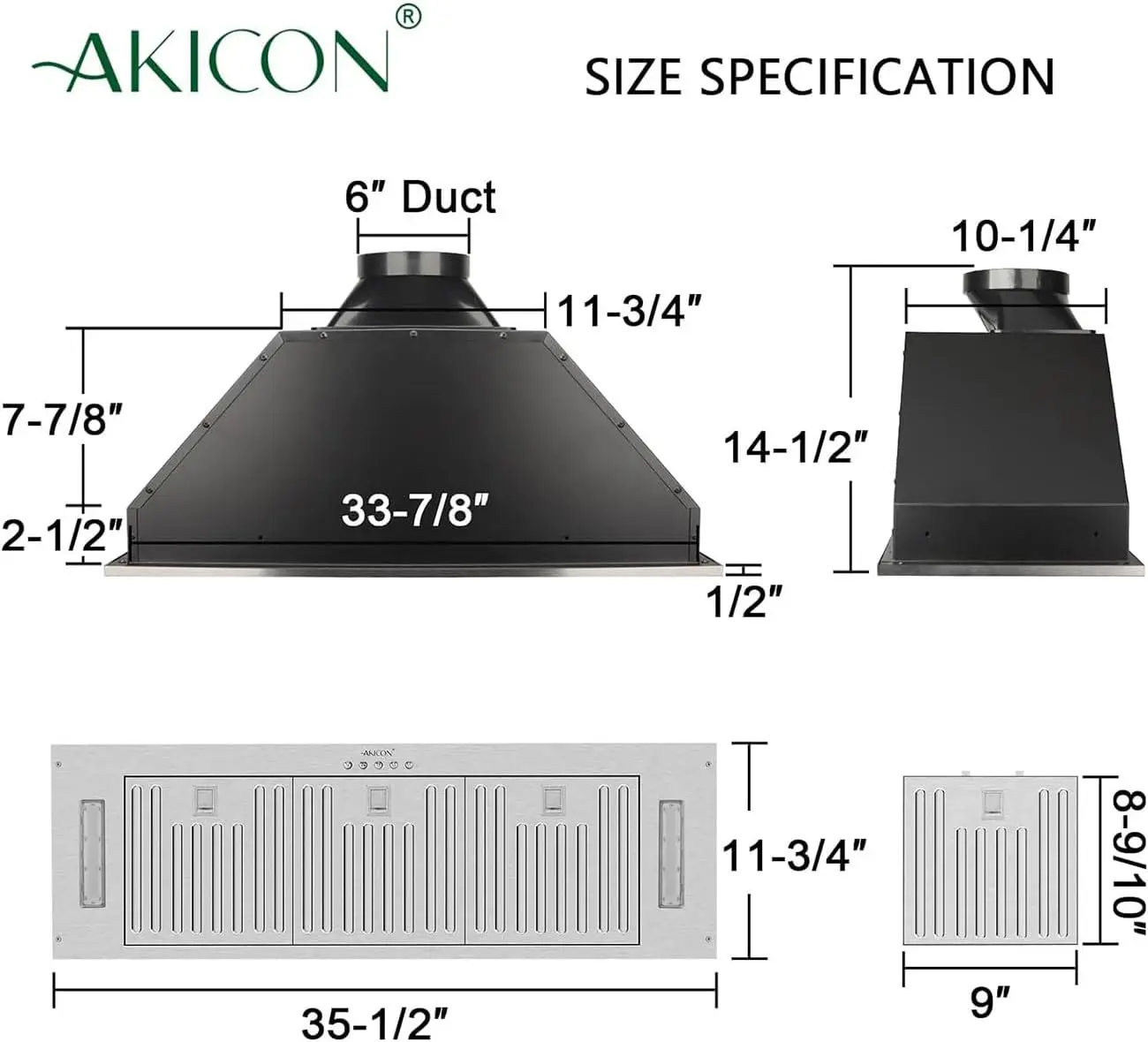 Akicon sisipan tudung jarak 36 inci, sisipan bersaluran baja tahan karat sangat senyap/kap ventilasi dapur bawaan dengan daya isap kuat